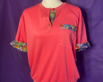 Vintage 80s/90s Pink Polo Collared Shirt with Hawaiian Floral Collar and Cuff Details - AS IS