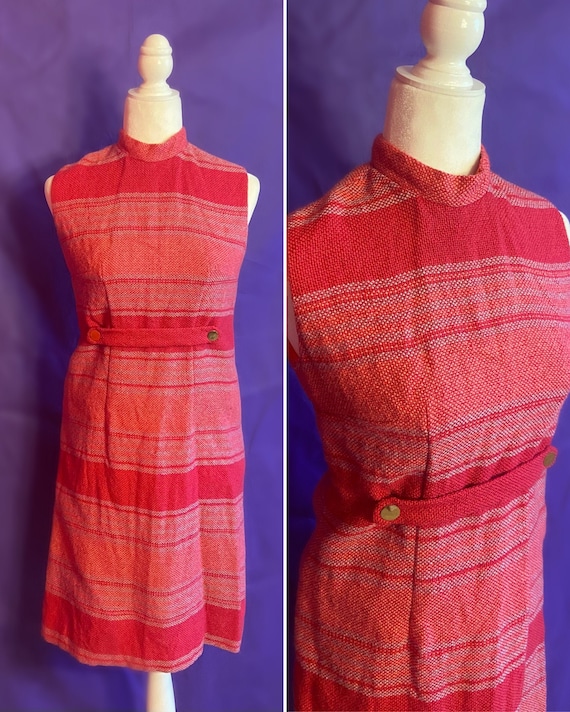 Vintage 60s/70s Pink Striped Tweed Sleeveless She… - image 1