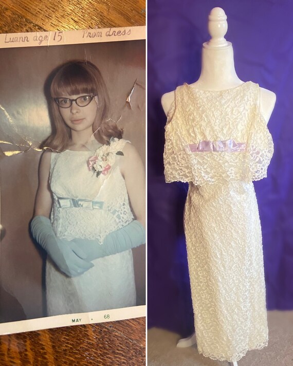 Vintage 60s White Lace Prom Dress: Column Sheath with Lavender Sash