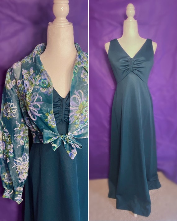 Vintage 70s Forest Green V-Neck Maxi Dress with M… - image 6