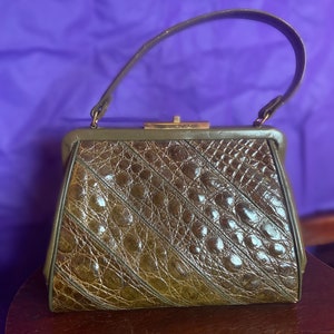 Stunning Vintage 50s/60s Real Crocodile Olive Green Midcentury Handbag image 2