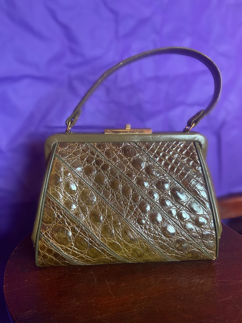 Stunning Vintage 50s/60s Real Crocodile Olive Green Midcentury Handbag image 2