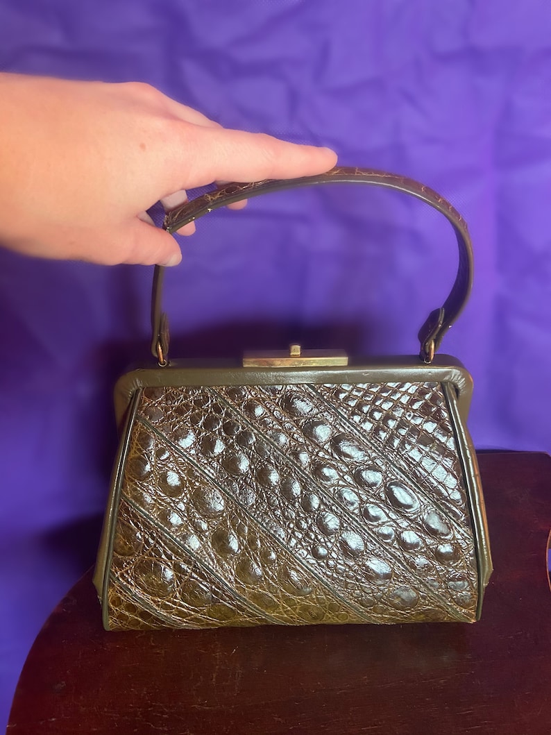 Stunning Vintage 50s/60s Real Crocodile Olive Green Midcentury Handbag image 1