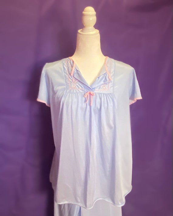 Vintage 60s Silky Poly Short-Sleeved Baby Blue Pa… - image 1