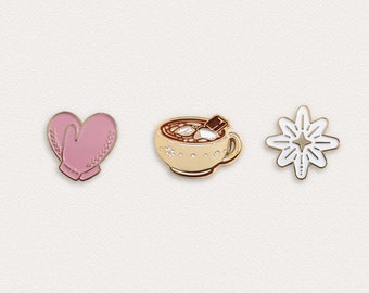 Hot Chocolate Pin - Heart Gloves Pin - North Star Pin - Christmas Enamel Pin Set