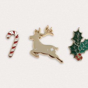 Reindeer Pin Holly Pin Candy Cane Pin Christmas Enamel Pin Set image 1