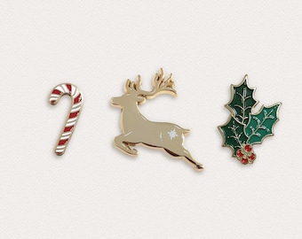 Reindeer Pin - Holly Pin - Candy Cane Pin - Christmas Enamel Pin Set