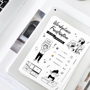 May include: A set of black and white stickers featuring illustrations of workplace frustrations. The stickers include phrases like "No More Revisions", "Invalid Syntax", "Unexpected T", and "404".