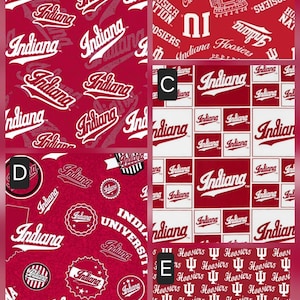 Può includere: Un collage di cinque distinti motivi in tessuto a tema Indiana University. I design includono loghi Indiana ripetuti, simboli IU, illustrazioni di stadi e il testo Hoosiers in combinazioni di colori cremisi e bianco.