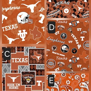Könnte beinhalten: Eine Collage aus fünf Stoffmustern mit Texas Longhorns-Motiven in gebranntem Orange, Weiß und Schwarz. Die Designs umfassen Football-Helme, den Bundesstaat Texas, das Longhorns-Logo, Argyle-Muster, Paisley-Drucke und den Schriftzug Hook 'Em.