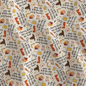 May include: A white fabric featuring a repeating pattern of brown sorting hats, round glasses, yellow and red striped scarves, stacks of books, white owls, envelopes, and mugs. The text "I Solemnly Swear that I am up to No Good" is printed in black.