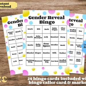 Printable Bingo for Gender Reveal Party, Games, Instant Download, Polka Dots, 5x7, Blank Bingo Card, Bingo Caller Card, Markers, PDF File