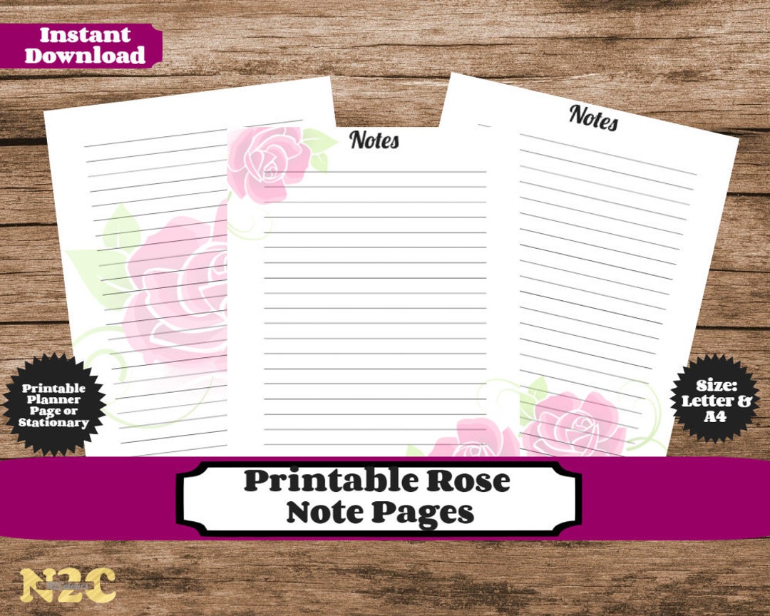 Rose Note Pages, Printable, Instant Download, Planner, Stationary ...