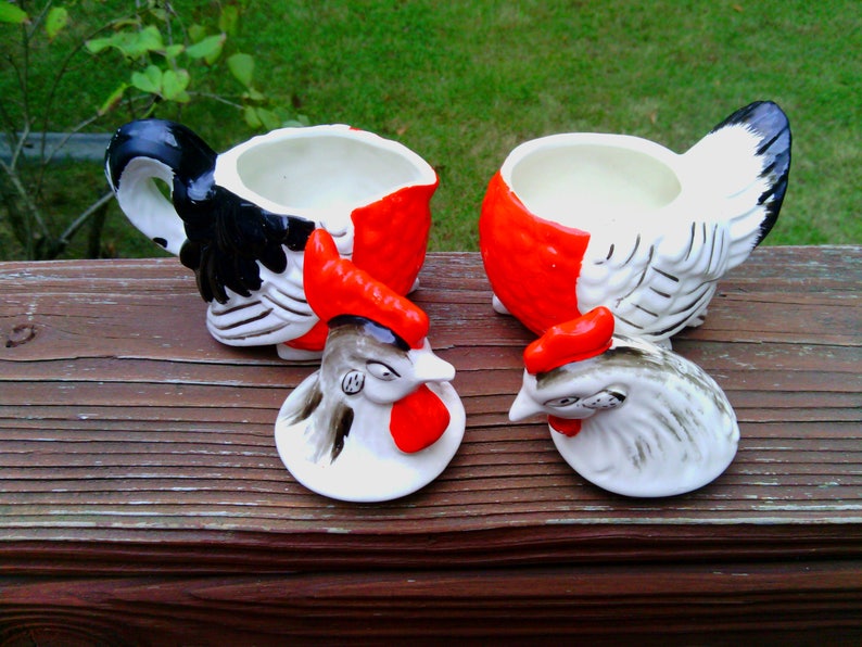 Vintage Pair of Rooster and Hen Salt and Pepper Shakers with Sugar and Creamer BowlsCups