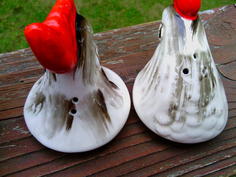Vintage Pair of Rooster and Hen Salt and Pepper Shakers with Sugar and Creamer BowlsCups