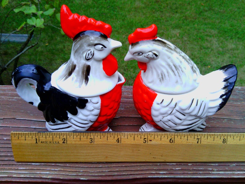 Vintage Pair of Rooster and Hen Salt and Pepper Shakers with Sugar and Creamer BowlsCups