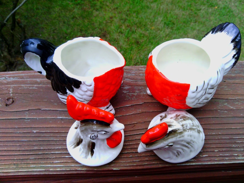 Vintage Pair of Rooster and Hen Salt and Pepper Shakers with Sugar and Creamer BowlsCups