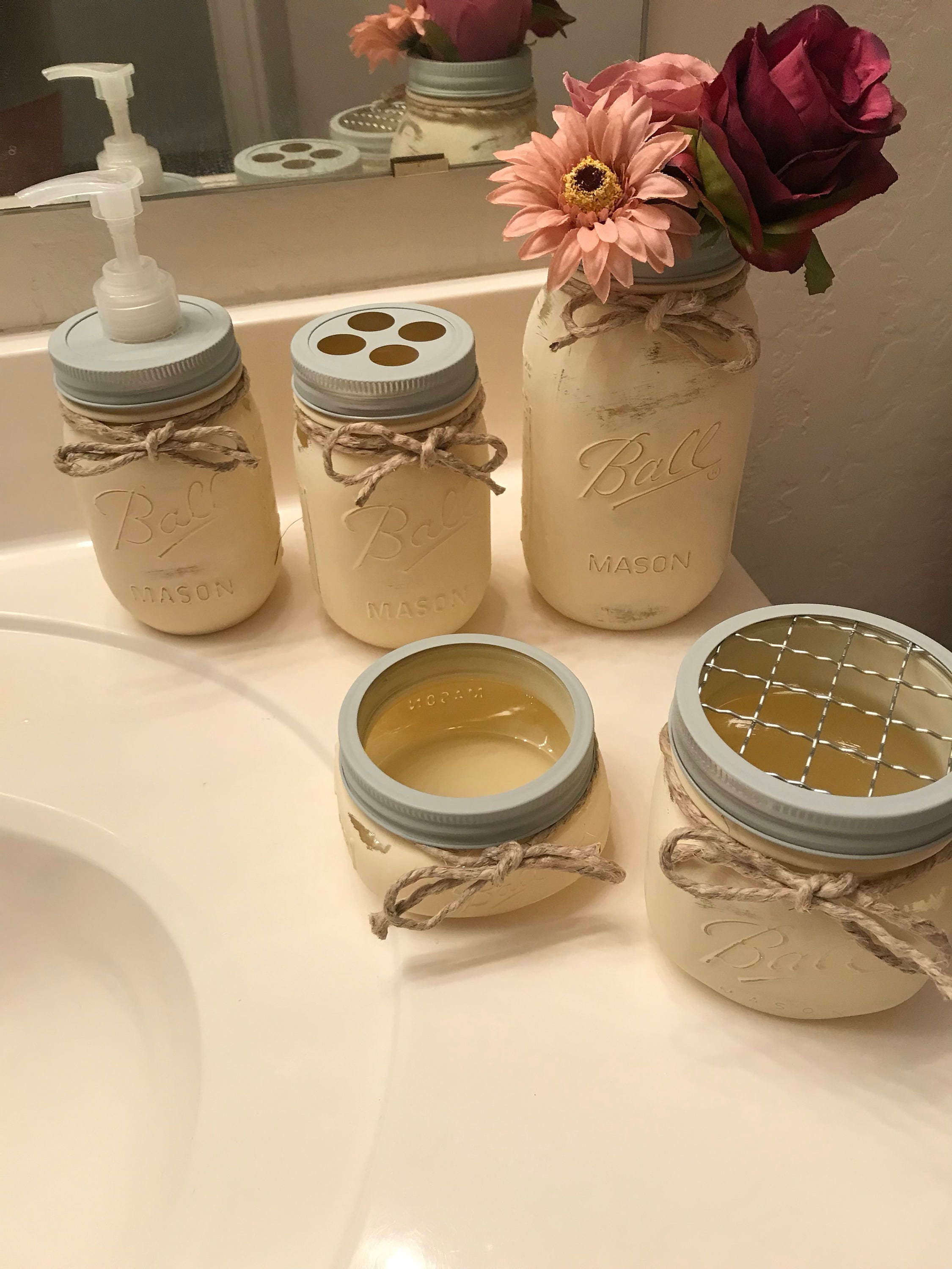 Farmhouse Mason Jar Bathroom Set Rustic Decor Soap Etsy