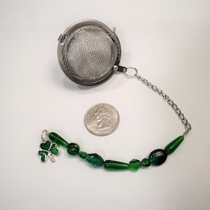 Small Ball Tea Diffuser Green Glass Beaded Tail with Irish Shamrock Charm