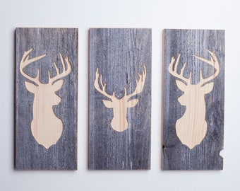 Set of 3 Wall Pictures Stag Wall Decor Wooden Reclaimed Wood