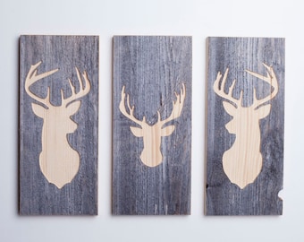 Set of 3 Wall Pictures Stag Wall Decor Wooden Reclaimed Wood