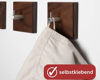 Garderobenhaken selbstklebend Nussbaum | Montage OHNE Bohren Klebepad | Garderobe Holz | Wandhaken Handtuchhalter