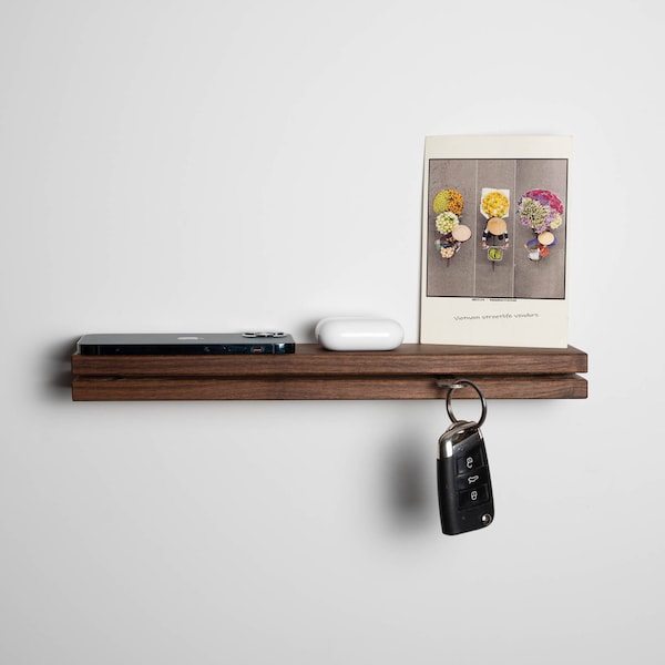 Schlüsselbrett Holz mit XXL Ablage Nussbaum | Wand-Regal Schlüsselleiste Schlüsselboard Schlüsselhaken Holzdeko