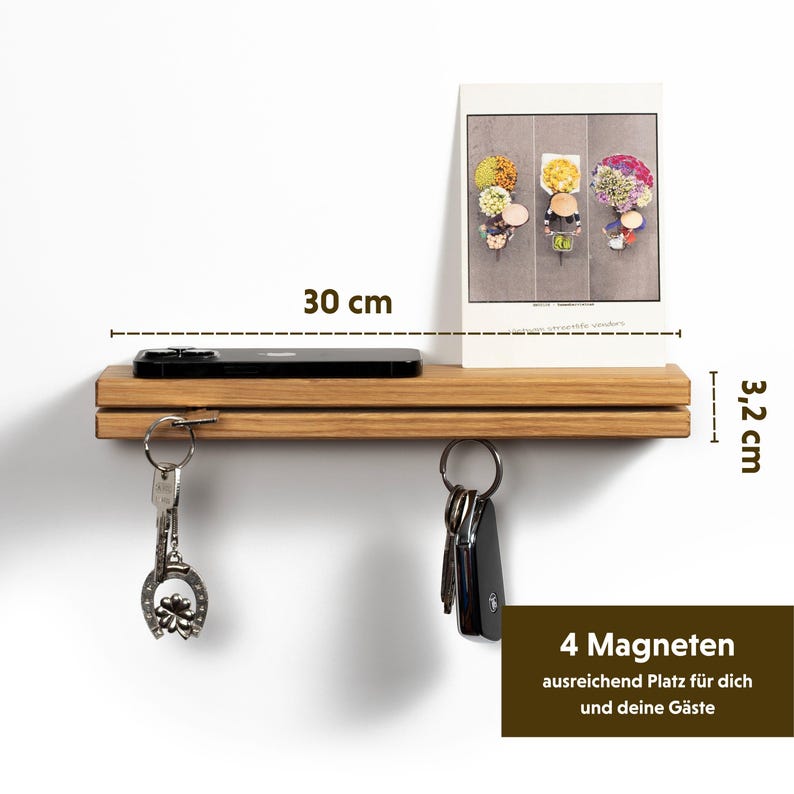 Schlüsselbrett aus Eichenholz mit Ablage und Magneten I Schlüsselhalter 30cm Holz für Flur & Büro Bild 2