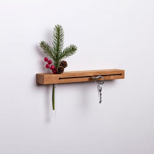 Wooden Key Holder with Vase for Flowers I Key Hooks Wall Decoration Board with Shelf