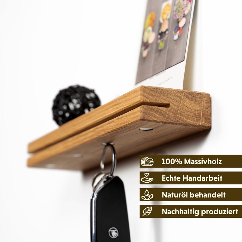 Schlüsselbrett aus Eichenholz mit Ablage und Magneten I Schlüsselhalter 30cm Holz für Flur & Büro Bild 3