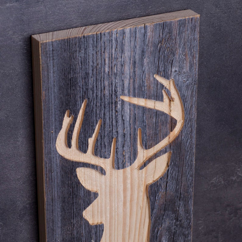 Set of 3 Wall Pictures Stag Wall Decor Wooden Reclaimed Wood image 4