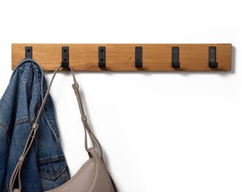 Eikenhouten wandkapstok met zwarte metalen haken – kapstok 40/60/80 cm – massief houten kapstokhaken voor hal en entree