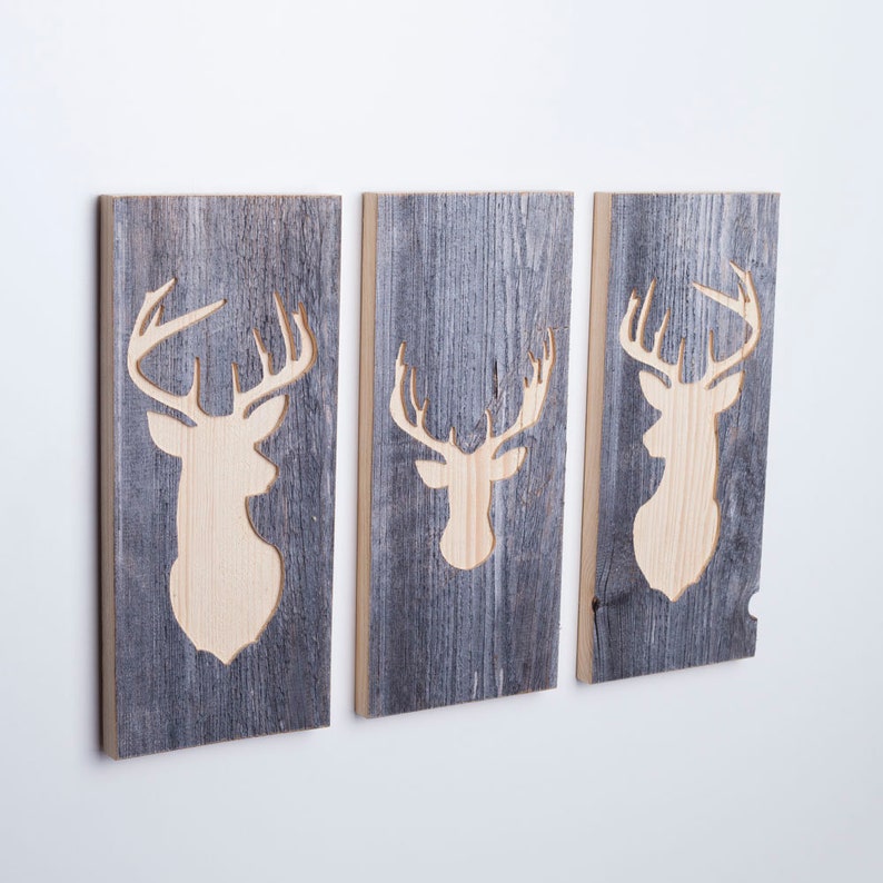 Set of 3 Wall Pictures Stag Wall Decor Wooden Reclaimed Wood image 3