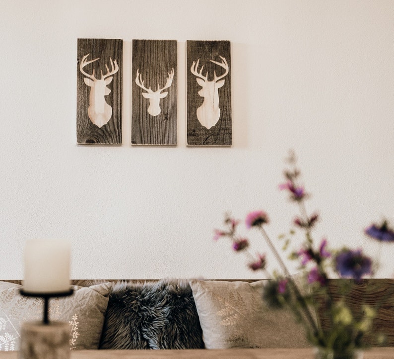 Set of 3 Wall Pictures Stag Wall Decor Wooden Reclaimed Wood image 2