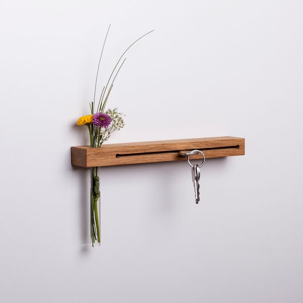 Wooden Key Holder with Vase for Flowers I Key Hooks Wall Decoration Board with Shelf