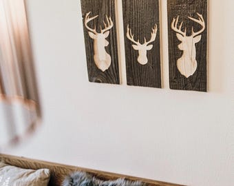 Set of 3 Wall Pictures Stag Wall Decor Wooden Reclaimed Wood