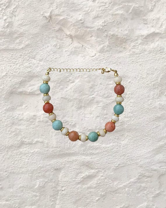 Terra Azul | Peach Calcite, Turquoise Jade, Cream & Gold Beaded Bracelet | Handmade Coastal Jewelry | Salted Stone