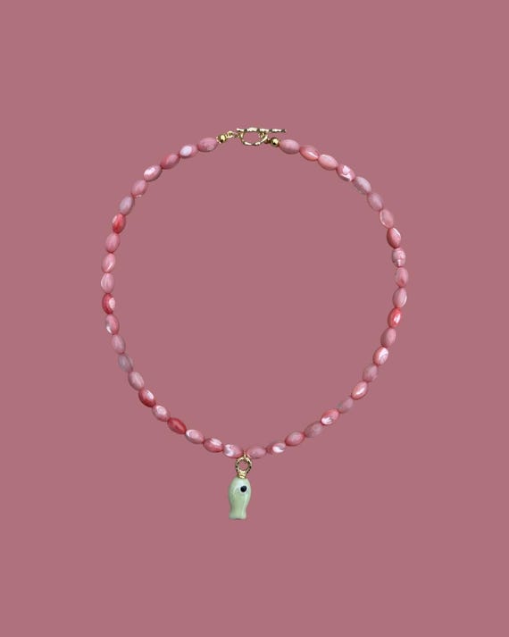 Coral Pink Mother of Pearl Beaded Necklace with Light Green Fish Charm