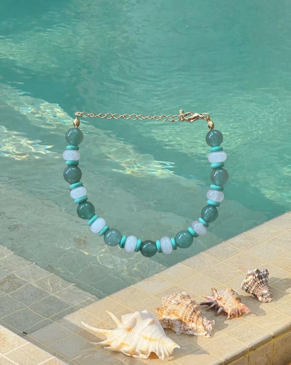 Green, Turquoise & White Beaded Bracelet | Handmade Coastal Jewelry
