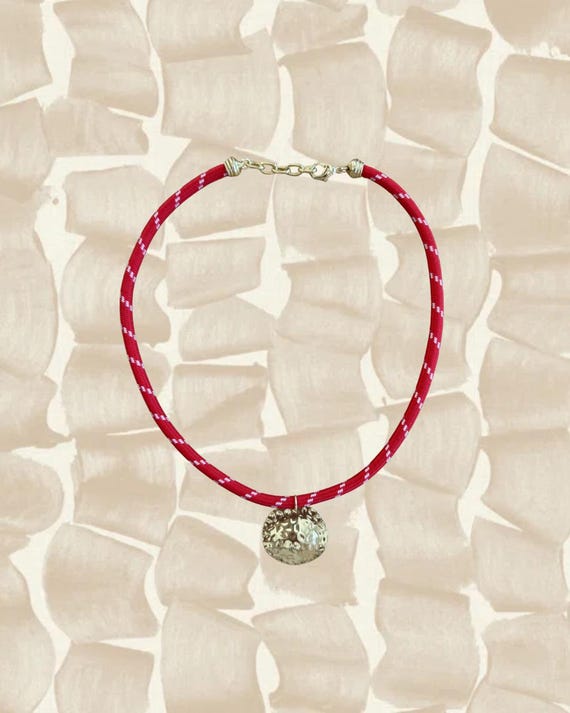 Gold Hammered Coin Pendant Necklace With Red Cord | Handmade Coastal Jewelry