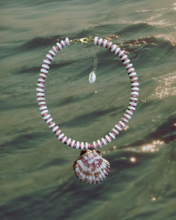 White Turquoise & Pink Scallop Shell Statement Necklace | Beaded Beach Inspired Jewelry
