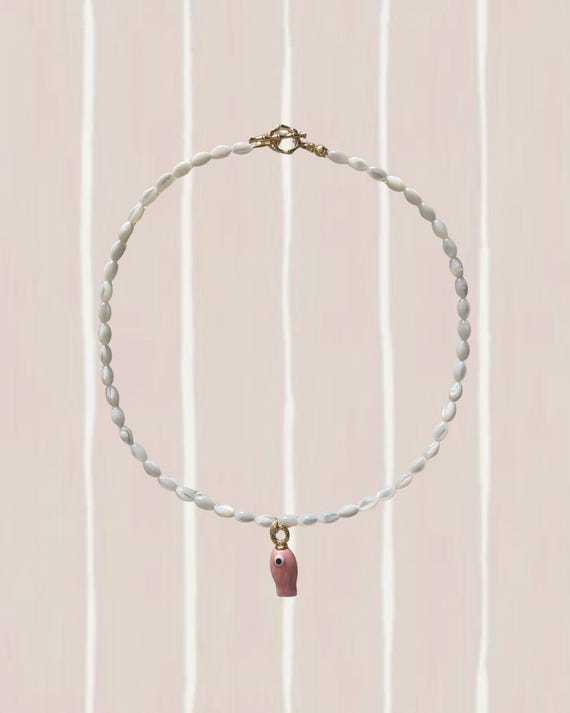 Mother of Pearl Beaded Necklace with Light Pink Fish Charm | Handmade Coastal Jewelry