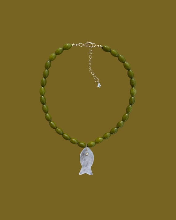 Peridot Jade Rice Bead Necklace | Clear Quartz Fish Pendant | Coastal Italian Summer Style