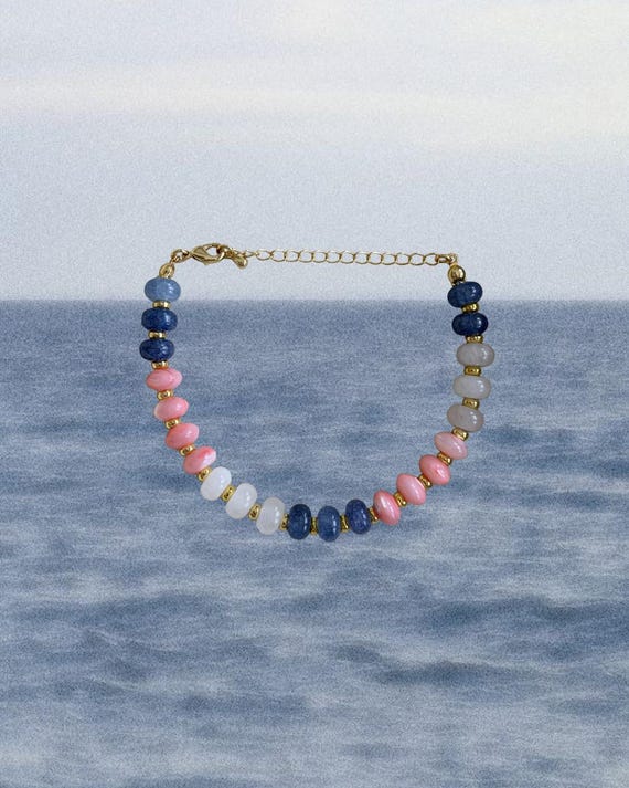 Pink, Navy, White & Gold Beaded Bracelet | Handmade Coastal Jewelry