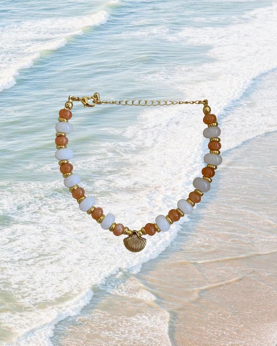 White, Gold & Orange Beaded Bracelet with Clam Shell | Handmade Coastal Jewelry