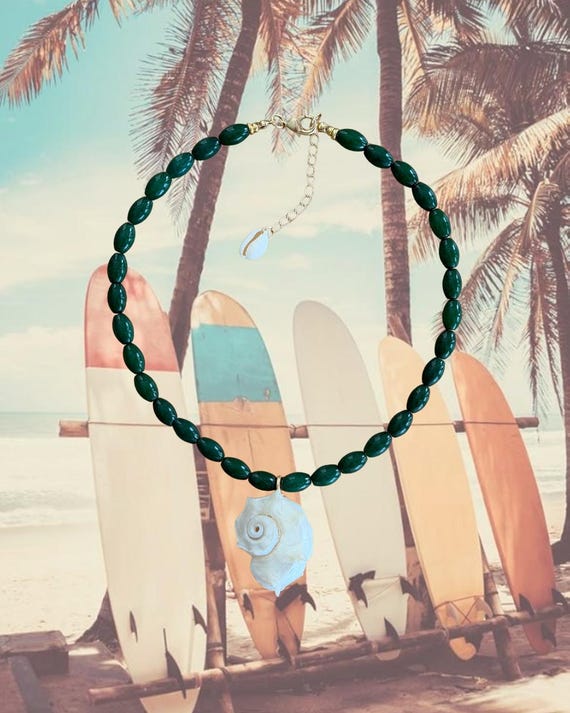 Emerald Green Rice Beads with Conch Shell Pendant | Statement Jewelry