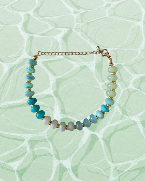 Blue, Green & Gold Beaded Bracelet | Handmade Coastal Jewelry