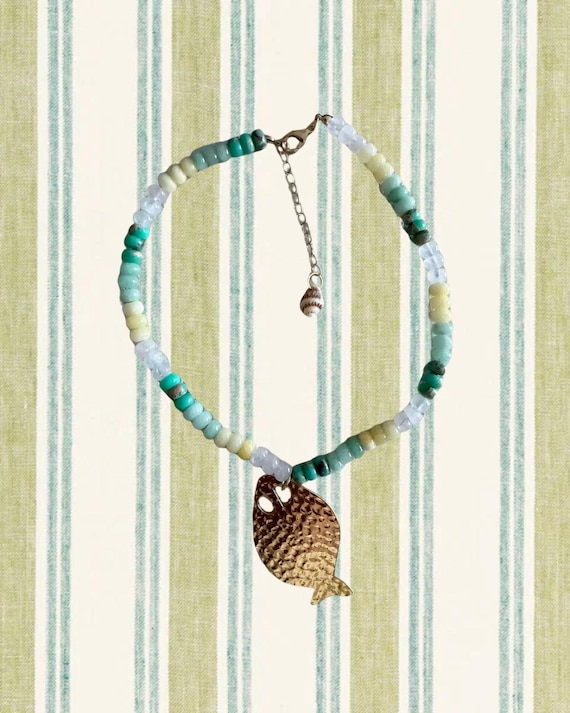 Coastal Fish Charm Necklace | Aqua & Lemon Beaded Strand with Gold Hammered Fish Pendant