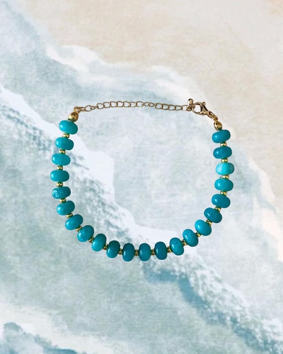 Turquoise Blue & Gold Beaded Bracelet | Handmade Coastal Jewelry