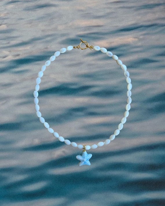 Mother of Pearl Beaded Necklace with Light Blue Starfish Charm | Handmade Coastal Jewelry